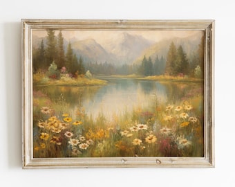 Paisaje de flores silvestres de lago de montaña, descarga digital: arte imprimible de pintura al óleo vintage, decoración de pared natural para un hogar estilo cottagecore.