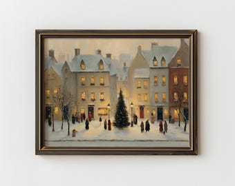 Vintage Christmas Village Oil Painting Print | Snowy European Town at Dusk | Cozy Holiday Wall Decor | Rustic Winter Market Digital Download
