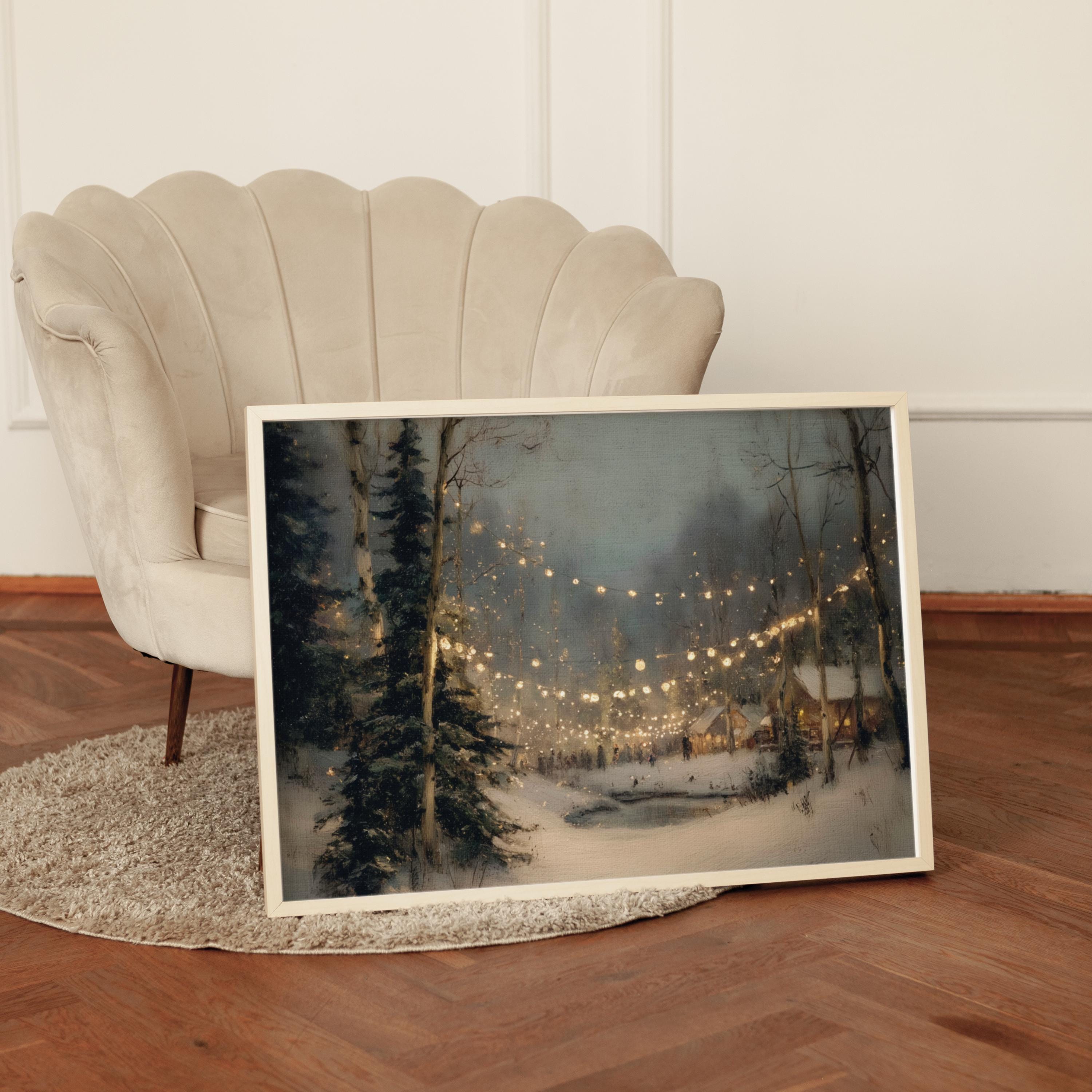 Cozy Winter Forest Art Print | Snowy Cabin Oil Painting | Rustic String ...