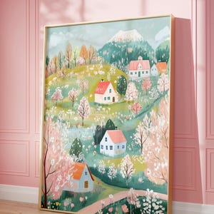 May include: A colorful illustration of a small village nestled in a green valley with a mountain in the background. The houses are painted in shades of pink, blue, and white, and the trees are in bloom with pink and white flowers. The scene is painted in a whimsical style with a soft, dreamy feel.