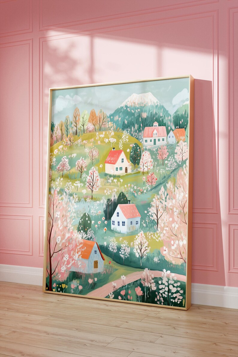 May include: A colorful illustration of a small village nestled in a green valley with a mountain in the background. The houses are painted in shades of pink, blue, and white, and the trees are in bloom with pink and white flowers. The scene is painted in a whimsical style with a soft, dreamy feel.