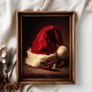 Vintage Santa Hat Print | Moody Christmas Art | Rustic Holiday Oil Painting | Holly and Berries Wall Decor | Instant Digital Download