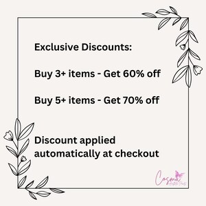 May include: A cream-coloured graphic with black text and floral accents. The text reads "Exclusive Discounts: Buy 3+ items - Get 60% off, Buy 5+ items - Get 70% off. Discount applied automatically at checkout."