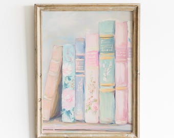 Vintage Bücherregal Wandkunst, Pastell Cottagecore Bücherstapel Malerei, Weicher ästhetischer Bibliotheksdruck, Leseecke Wandkunst, gemütliches Wohndekor