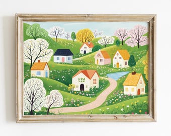 Colorful Spring Village Wall Art, Blooming Trees, Cozy Houses Printable Art, Idyllic Springtime Village, Instant Download, Spring Home Decor