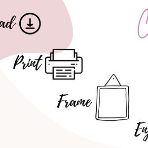 May include: A graphic with instructions on how to download, print, frame, and enjoy a digital print. The graphic includes icons for a download, printer, frame, and a smiley face.