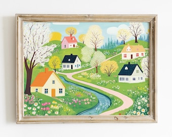 Spring Countryside Landscape Wall Art, Cozy Home Decor, Spring Field Art, Spring Farmhouse Decor, Instant download, Blooming nature art