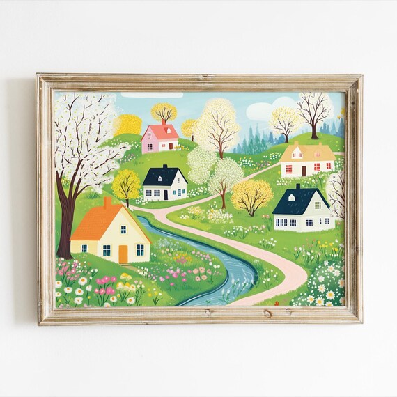 Spring Countryside Landscape Wall Art, Cozy Home Decor, Spring Field Art, Spring Farmhouse Decor, Instant download, Blooming nature art