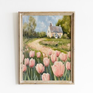 Cottagecore Tulip Field Print, Spring Floral Art, Pastel Farmhouse Wall Decor, Rustic Country Print, Cozy Vintage Home Art, Instant Download