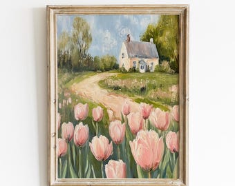Cottagecore Tulip Field Print, Spring Floral Art, Pastel Farmhouse Wall Decor, Rustic Country Print, Cozy Vintage Home Art, Instant Download