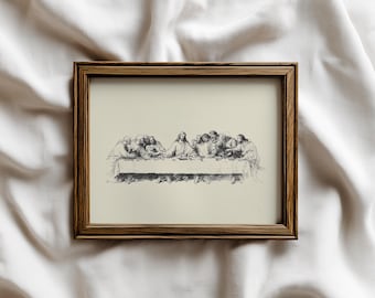 Boceto vintage de la Última Cena / Arte mural cristiano minimalista / Impresión de Jesús y sus discípulos / Decoración religiosa antigua / Arte de fe neutral