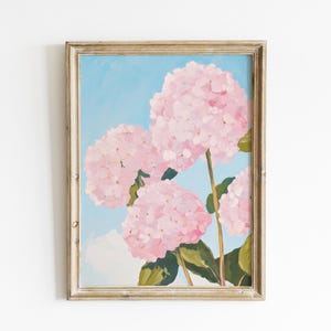 Pink Hydrangea Print, Floral Wall Art, Cottagecore flower painting, Pastel floral artwork, Spring flower canvas, Soft aesthetic wall decor