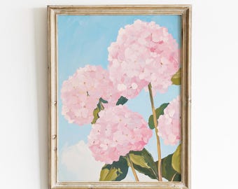 Pink Hydrangea Print, Floral Wall Art, Cottagecore flower painting, Pastel floral artwork, Spring flower canvas, Soft aesthetic wall decor