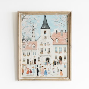 Vintage Village Wall Art, Cottagecore Digital Print, Old Town Scene, Folk Art Printable, Scandinavian Nordic Wall Decor, Instant Download