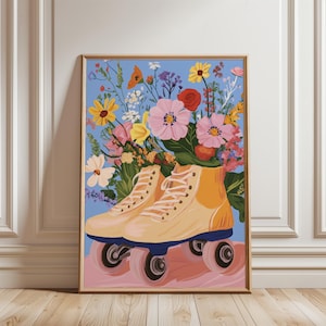 May include: A pair of yellow roller skates with pink wheels are filled with a bouquet of colorful flowers, including pink, yellow, red, and purple flowers. The background is a light blue color.