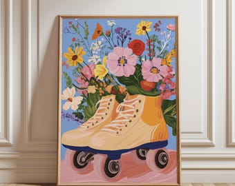 Retro Roller Skates Floral Wall Art | Bright Vintage-Inspired Print | Boho Flower Art for Home & Nursery