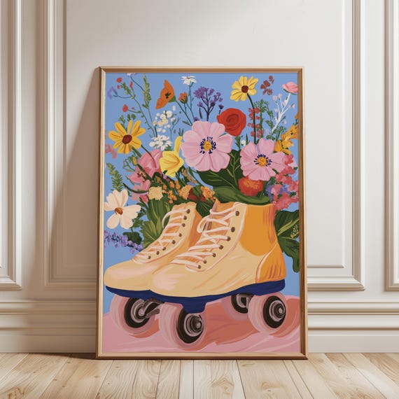 Retro Roller Skates Floral Wall Art | Bright Vintage-Inspired Print | Boho Flower Art for Home & Nursery