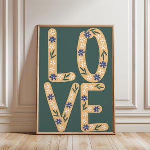 Love Art Print, Boho Love Poster, Trendy Wall Print, Retro Aesthetic, Typography Print, Printable Art, Digital Print, Floral Print