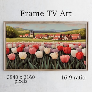 May include: A framed painting depicting a field of colourful tulips in front of a small village. The painting is in a light wood frame and has a 16:9 ratio. The image is 3840 x 2160 pixels.