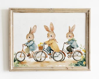 Fietskonijntjes kinderkamer print, vintage aquarel dierenprint, bos konijn illustratie, genderneutraal babykamer decor, paascadeau