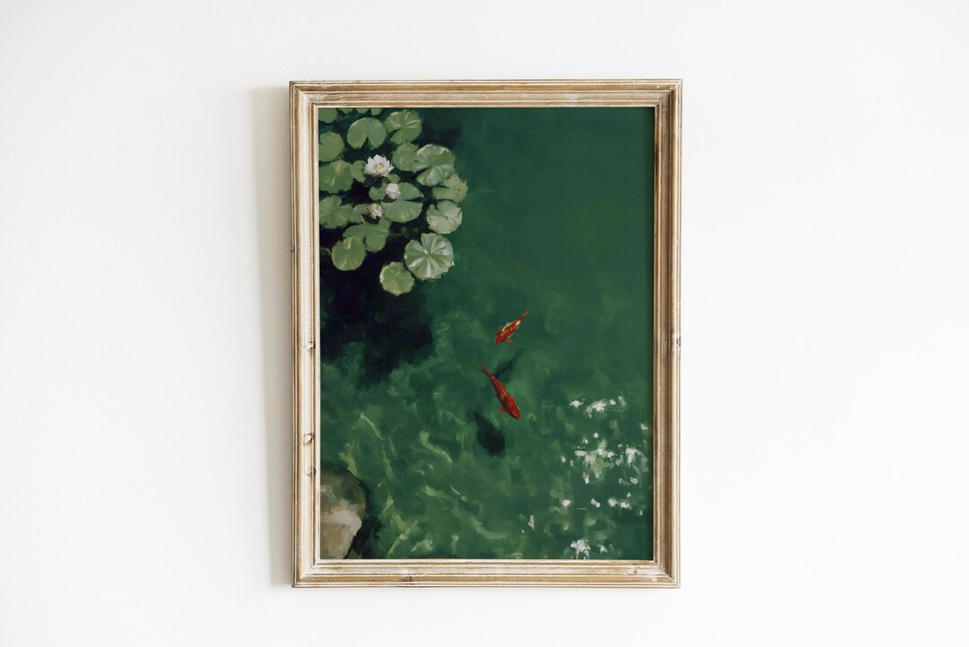 Vintage Koi Fish Pond Oil Painting | Emerald Green Lily Pad Wall Art ...