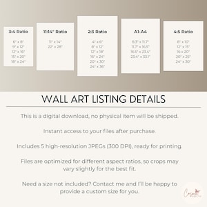 Puede incluir: Imagen que muestra opciones de tama&ntilde;o de arte mural en cm para proporciones 3:4, 11:14, 2:3, A1-A4 y 4:5. El texto incluye "WALL ART LISTING DETAILS" y detalles sobre descargas digitales y archivos JPEG.