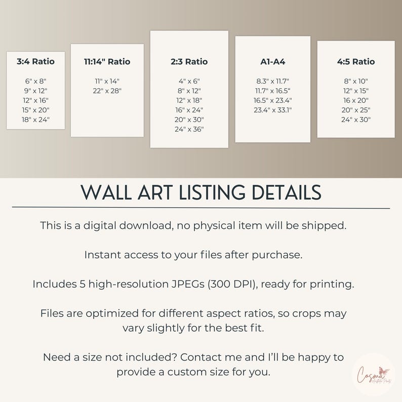 Puede incluir: Imagen que muestra opciones de tama&ntilde;o de arte mural en cm para proporciones 3:4, 11:14, 2:3, A1-A4 y 4:5. El texto incluye "WALL ART LISTING DETAILS" y detalles sobre descargas digitales y archivos JPEG.