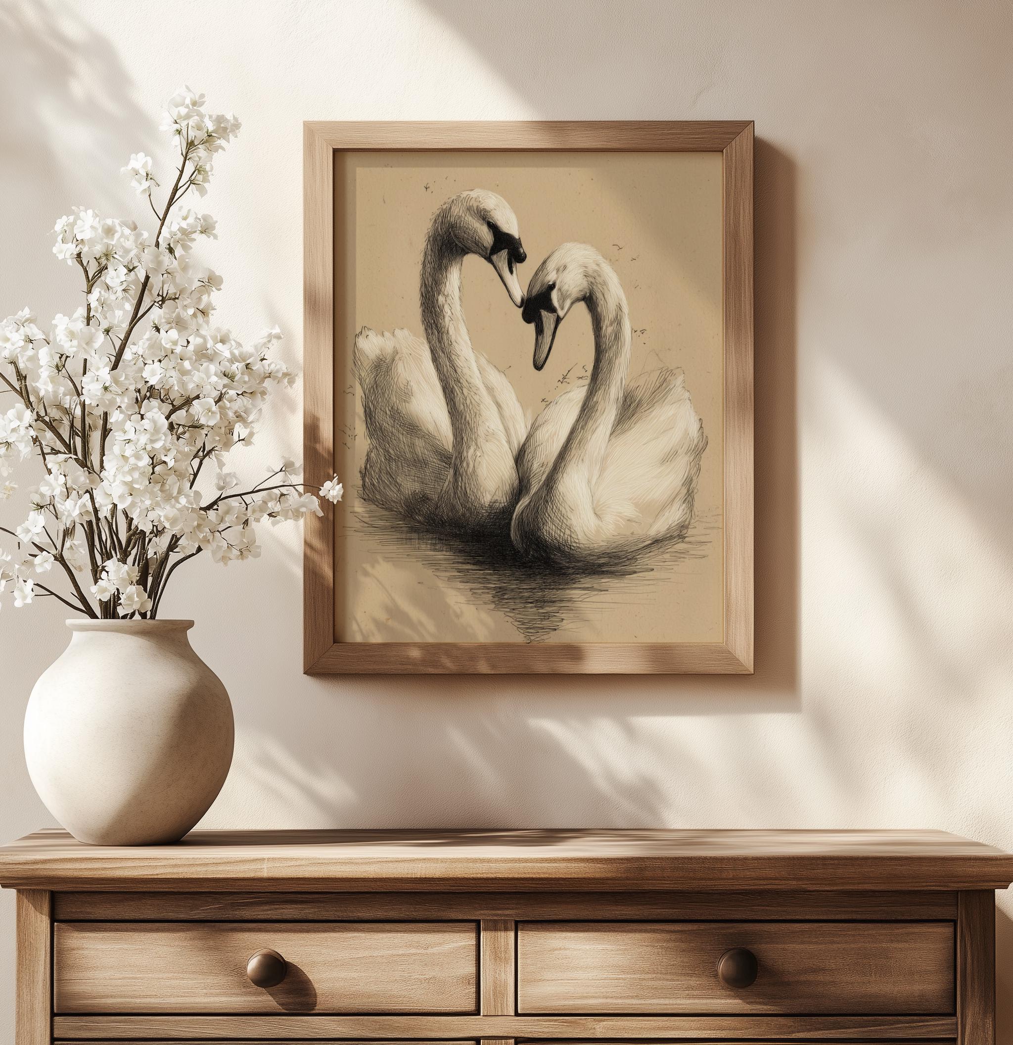絵画 LOVEseries 2paintings set Vintage Two Swans Heart Sketch Print | Romantic Engraving Art