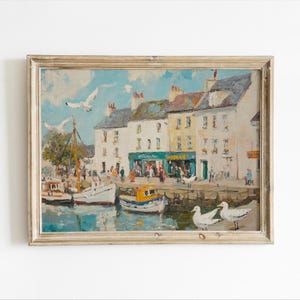 Vintage Coastal Harbor Print – Seaside Town Oil Painting Wall Art, French Port Scene, Nautical Decor for Beach Cottage, Coastal wall art