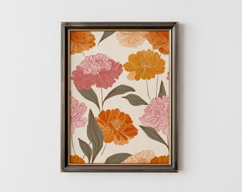 Moderne bloemenprint uit het midden van de eeuw | Retro roze en oranje gestileerde bloemen muurkunst | Boho Scandinavisch decor digitale download