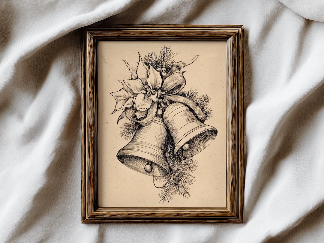 Vintage Christmas Bells Sketch Art Print | Holiday Line Drawing Digital ...