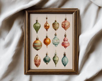 Vintage Christmas Ornaments Art Print | Muted Holiday Decor | Rustic Christmas Decor | Digital Download | Christmas Wall Art Print