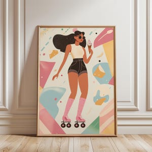 Retro Roller Skating Girl Wall Art | Fun Summer Ice Cream Print | 80s Inspired Colorful Poster | Boho Playful Room Decor