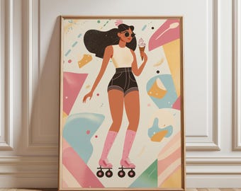Retro Roller Skating Girl Wall Art | Fun Summer Ice Cream Print | 80s Inspired Colorful Poster | Boho Playful Room Decor