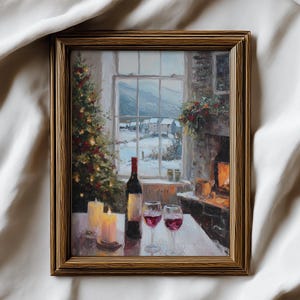 May include: A framed painting depicts a cozy winter scene. A Christmas tree, candles, and a bottle of wine with two glasses are on a table. A window reveals a snowy landscape and a fireplace glows warmly.