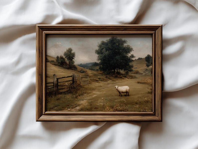 Vintage Sheep Oil Painting | Antique Countryside Landscape Art | Muted ...