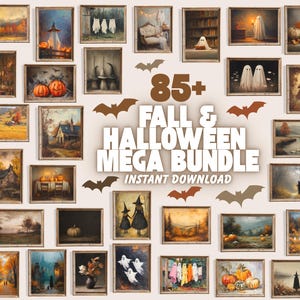 Peut inclure: Une collection d'impressions d'art encadrées sur le thème de l'automne et d'Halloween. Les impressions présentent des paysages, des citrouilles, des fantômes et des sorcières. Le texte "85+ Fall & Halloween Mega Bundle Instant Download" est affiché.