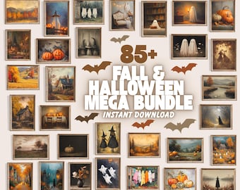 May include: A collection of framed art prints with a fall and Halloween theme. The prints feature landscapes, pumpkins, ghosts, and witches. The text "85+ Fall & Halloween Mega Bundle Instant Download" is displayed.