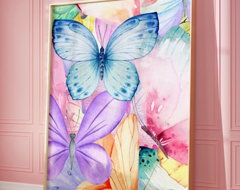 Arte de pared con mariposas en acuarela, estampado de mariposas coloridas, decoración del hogar inspirada en la naturaleza, estampado de mariposas en colores pastel, estampado para guardería, descarga digital
