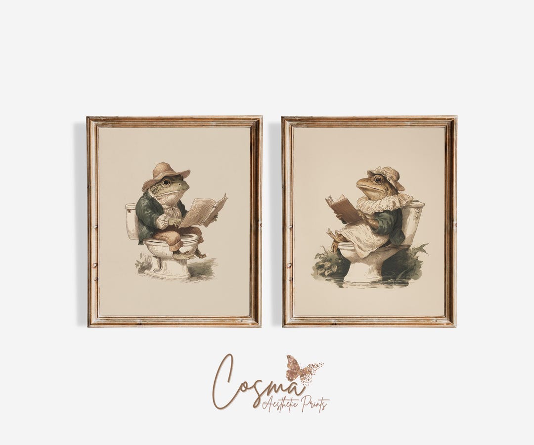 Vintage Frog Bathroom Art Set | Funny Victorian Animal Print | Reading ...