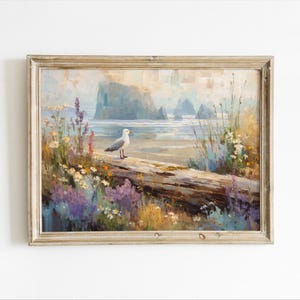 Coastal Landscape Wall Art Seagull Print, Beach Wildflowers Oil Painting, Ocean Shore Digital Download, Seaside Cottage Decor, Summer print