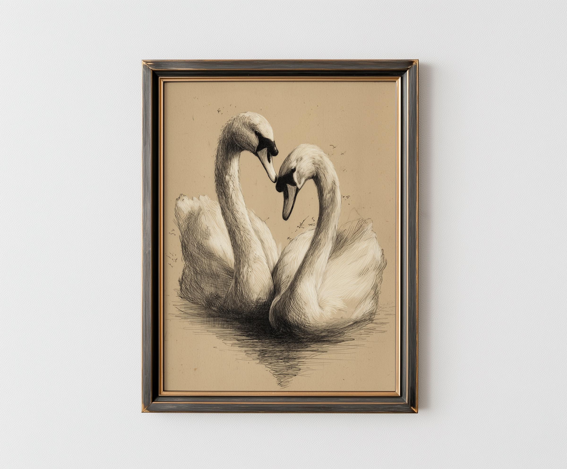 Vintage Two Swans Heart Sketch Print | Romantic Engraving Art