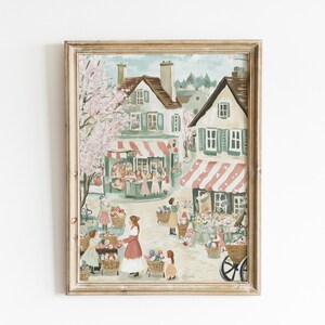 Arte mural de pueblo de Pascua vintage, ilustración de mercado de primavera de arte popular, escena campestre pintada a mano, impresión de libro de cuentos europeo, descarga digital
