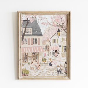 Arte mural de pueblo de estilo rural, impresión primaveral de arte popular, ilustración de cuentos antiguos, acogedora escena de mercado floral, descarga digital romántica