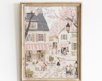 Cottagecore Village Wall Art, Folk Art Spring Print, Vintage Storybook Illustration, Cozy Floral Market Scene, Romantic Digital Download