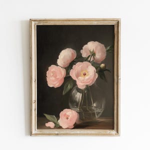 Vintage Pink Peony Still Life Oil Painting Print, Elegant Floral Wall Art in Glass Vase, Classic Botanical Digital Download for Home Decor