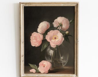 Pintura a óleo vintage de natureza morta com peônia rosa, elegante arte de parede floral em vaso de vidro, download digital botânico clássico para decoração de casa