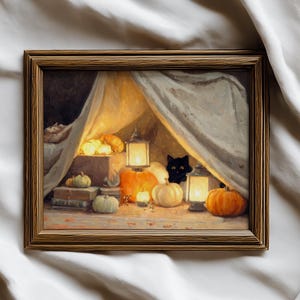 May include: A framed painting shows a snug autumn scene. Within a draped enclosure, pumpkins, lanterns, and a black cat create a warm, inviting atmosphere. The artwork features warm tones and soft lighting, evoking a sense of autumn.
