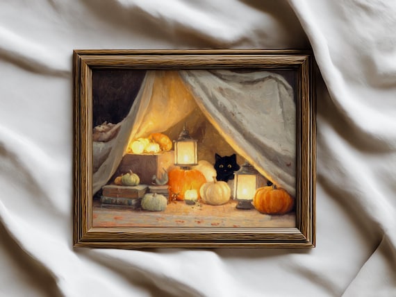 Cozy Halloween Art Print | Black Cat and Pumpkin Blanket Fort Painting | Whimsical Fall Decor | Printable Digital Download | Halloween decor