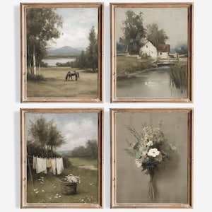 May include: Set of four framed landscape art prints. Each print features a vintage-style painting with a rustic wooden frame. The artwork depicts scenes of nature, including a horse in a field, a waterside cottage, laundry on a clothesline, and a floral bouquet.